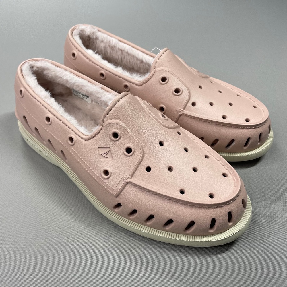 NEW Sperry Shoes Womens 9 blush pink faux fur float boat rubber slipper casual